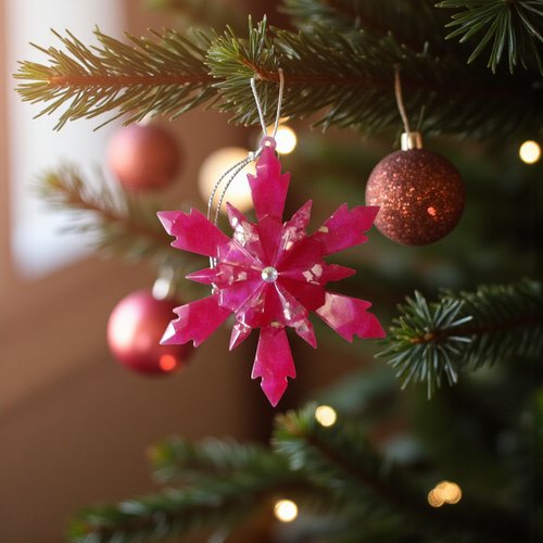 Noel - gros flocon semi-opaque rose fuschia, confetti métallisés et strass