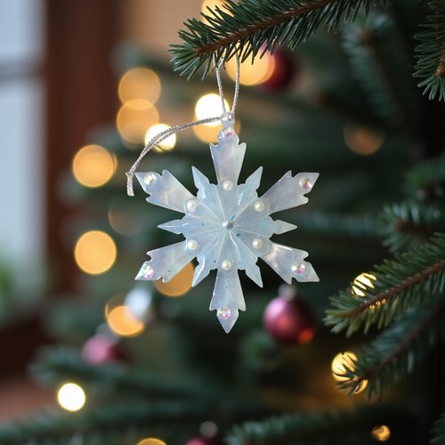 Noel - gros flocon résine bleutée avec transparence strass cristal et demi-perles blanches