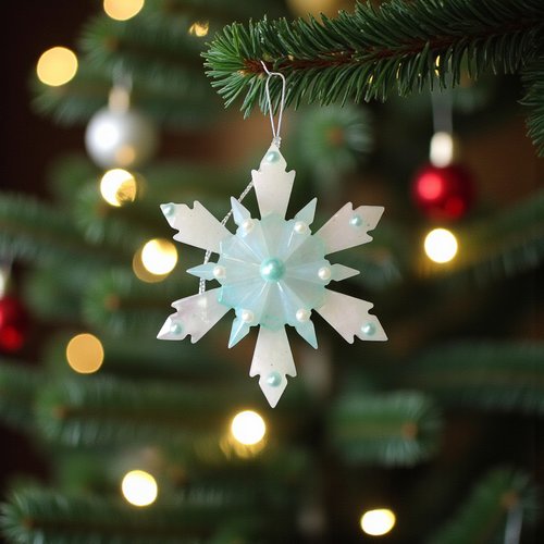 Noel - gros flocon résine blanche et turquoise, demi-perles satinées