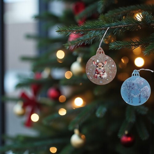 Noel - lot de 2 boules plates - boule brique avec petit rêne - boule bleue avec arbre