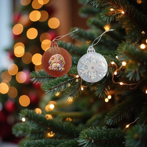 Noel - lot de 2 boules plates - boule brique avec un gnome - boule bleue pailletée et flocon blanc