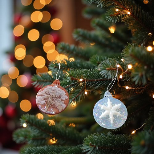 Noel - lot de 2 boules plates - boule brique avec un arbre enneigé - boule bleue pailletée et flocon blanc
