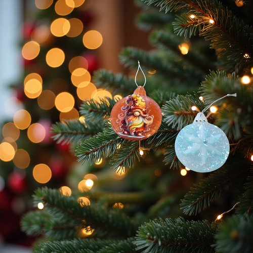 Noel - lot de 2 boules plates - boule orange avec un gnome - boule bleue pailletée et flocon blanc