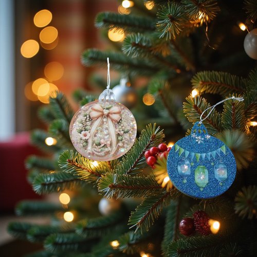 Noel - lot de 2 boules plates - boule orange pailleté avec noeud - boule bleue pailletée et lampions