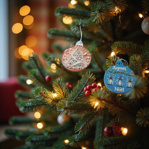 Noel - lot de 2 boules plates - boule orange avec son sapin - boule bleue pailletée et lampions