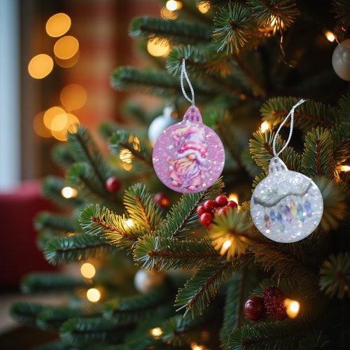 Noel - lot de 2 boules plates - boule rose pailleté et son gnome - boule blanche pailletée et ses lampions