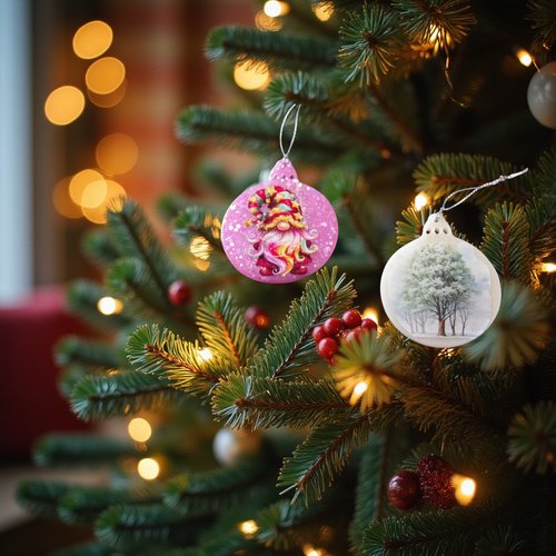 Noel - lot de 2 boules plates - boule rose pailleté et son gnome - boule crème et son arbre enneigé