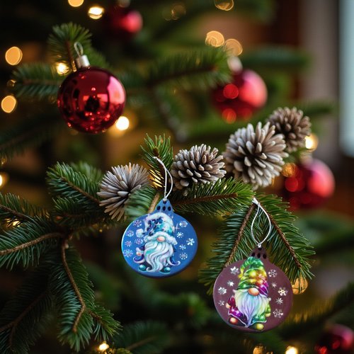 Noel - lot de 2 boules plates - boule violet métallisé  et boule bleu métallisé et leurs gnomes