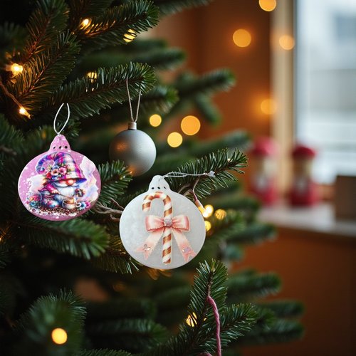 Noel - lot de 2 boules plates - boule rose pailleté avec gnome et boule blanc satiné et son sucre d'orge