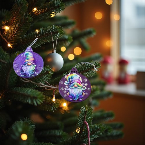 Noel - lot de 2 boules plates - boule violet transparent avec gnome et boule violet métallisé et son gnome