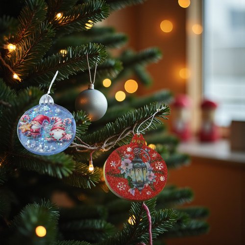 Noel - lot de 2 boules plates - boule bleu transparent pailleté avec ses gnomes et boule rouge avec un lampion