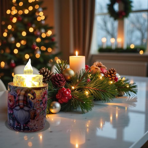 Noel - bougeoir - porte bougie pailletté rouge et ses gnomes écossais