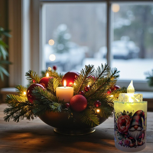 Noel - bougeoir - grand porte bougie blanc satiné, paillettes irisées et gnomes