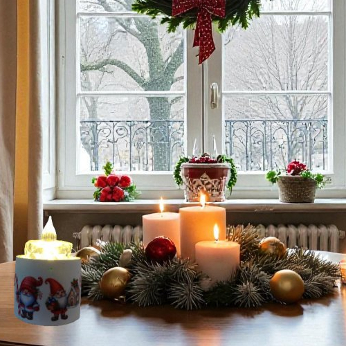 Noel - bougeoir - porte bougie vert d'eau et ses gnomes et sucres d'orge