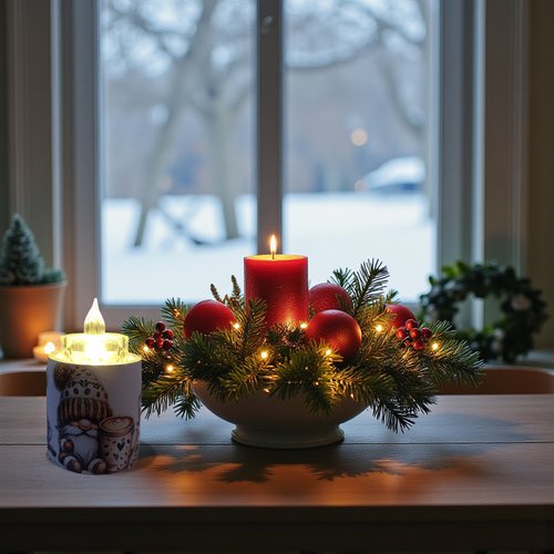 Noel - bougeoir - porte bougie beige et ses gnomes avec leur café