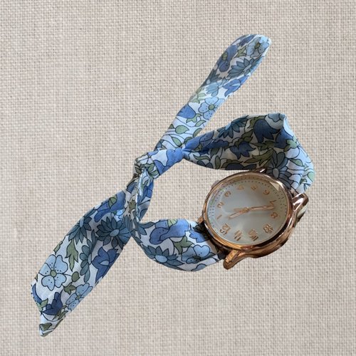 Montre femme tissu liberty noeud à nouer bleu