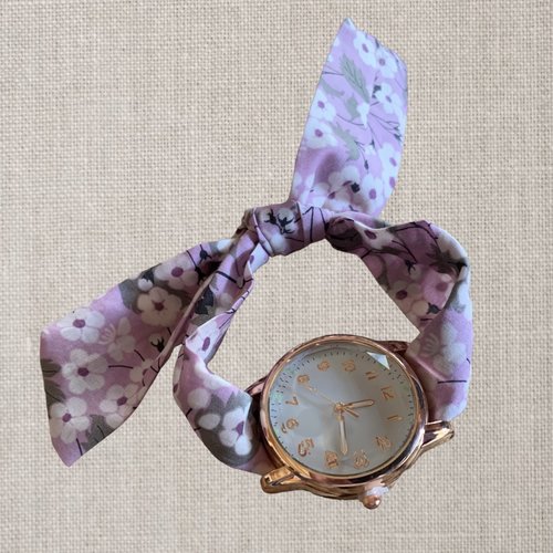 Montre femme tissu liberty noeud à nouer mauve