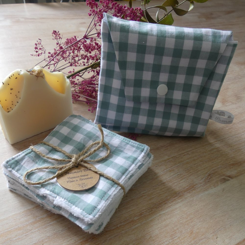 Lingettes lavables avec pochette vichy vert sauge