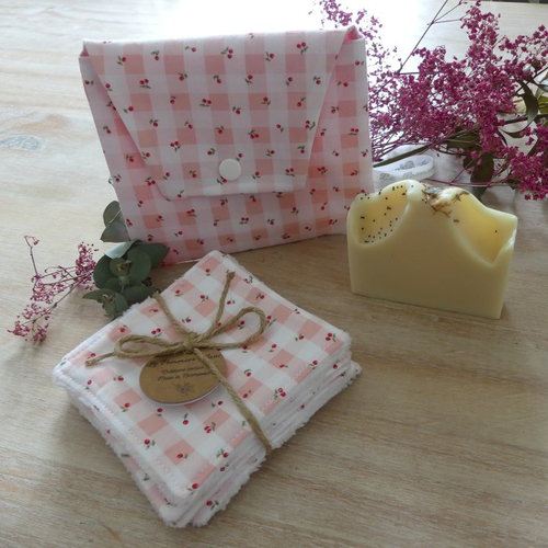 Lingettes lavables avec pochette vichy rose et cerises