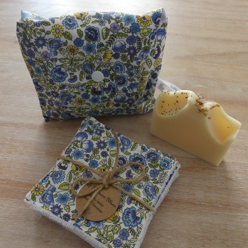 Lingettes lavables avec pochette fleurs bleu