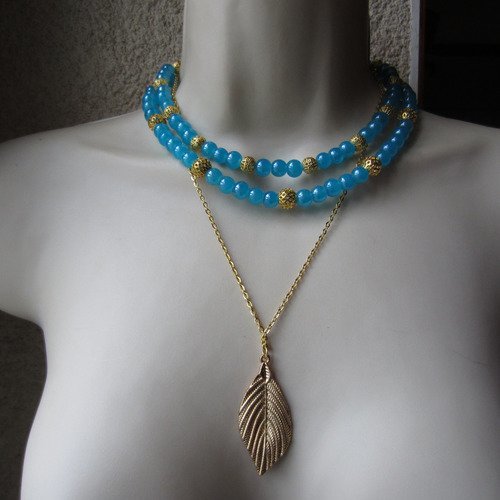 Collier multi rangs bleu et or en perles de verre
