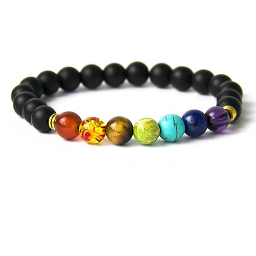 Bracelet en pierres naturelles, 7 pierres, 7 chakras, et onyx noir mat, longueur : 19 cm, neuf