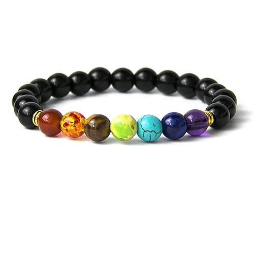 Bracelet en pierres naturelles, 7 pierres, 7 chakras et onyx noir brillant, longueur : 19 cm, neuf