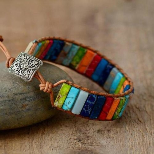 Bracelet en pierres naturelles, jaspes sédimentaires, longueur : 20,5 cm, neuf
