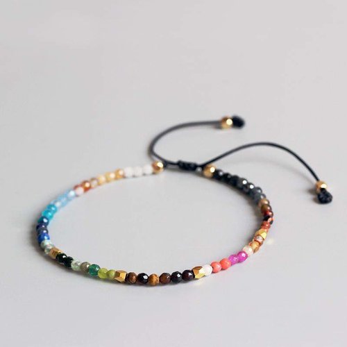 Bracelet en pierres fines naturelles multi-couleurs, perles 3 mm, ajustable, neuf