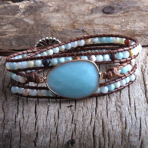 Bracelet avec cabochon pierre naturelle amazonite facettée et bracelet wrap perles amazonite, neuf