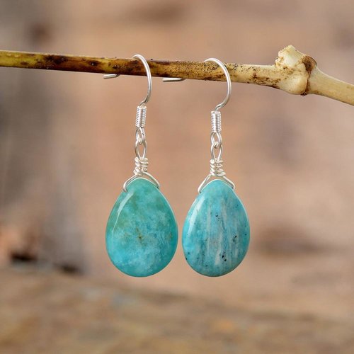 Boucles d'oreilles goutte en pierre naturelle amazonite, fermoir dormeuse argent 925 rhodié