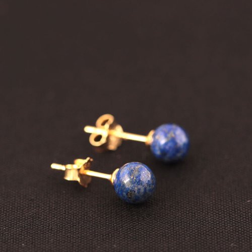 Boucles d'oreilles avec perles en pierre naturelle lapis lazuli, fermoir argent 925 rhodié