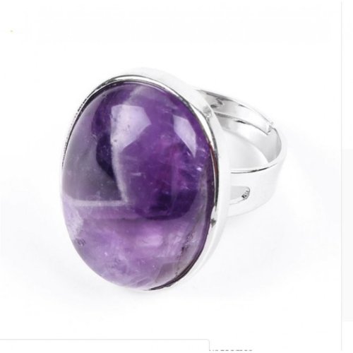 Bague avec cabochon ovale en pierre naturelle améthyste, anneau ajustable