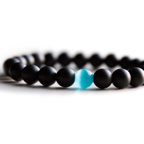 Bracelet en pierre naturelle onyx noir et agate bleu, perles de 8 mm de diamètre, longueur : 19 cm, neuf