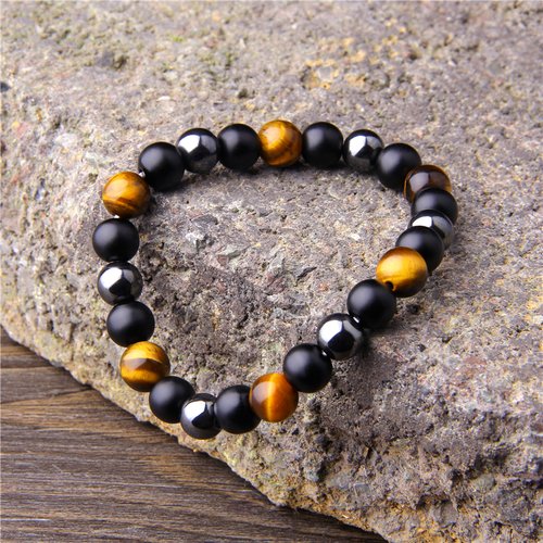 Bracelet en pierre naturelle onyx-oeil de tigre-hématite, perles de 8 mm de diamètre, longueur : 19 cm, neuf