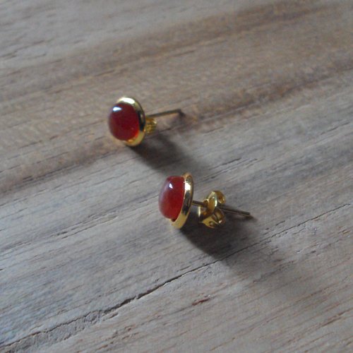 Boucles d'oreilles avec cabochon en pierre naturelle agate rouge, fermoir laiton or
