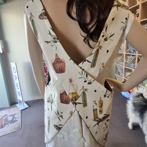Tablier de cuisine japonais réversible fait main – motif olives et huile d'olive – taille confortable