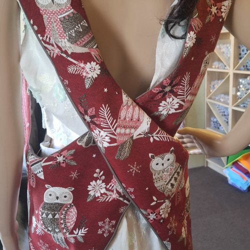 Tablier japonais réversible en coton fait main  –motif chouettes- sans liens – taille unique