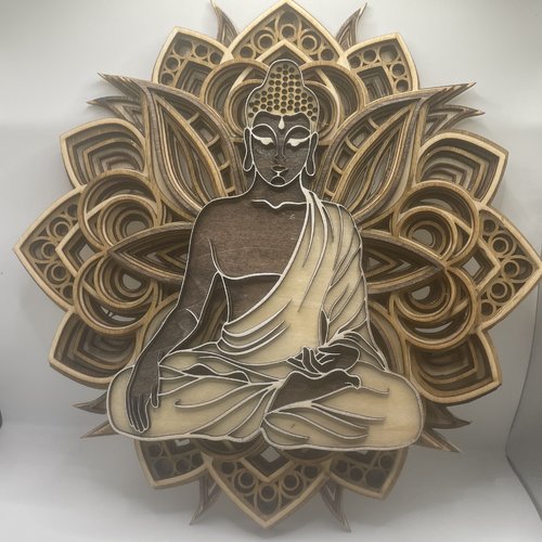 Décoration murale en bois multicouches bouddha et mandala, art mural zen 3d, sculpture artisanale, cadeau méditation yoga