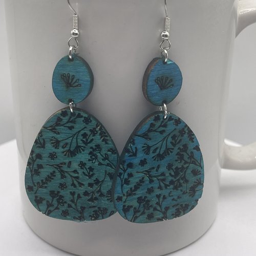 Boucles d’oreilles pendantes en bois turquoises  boho