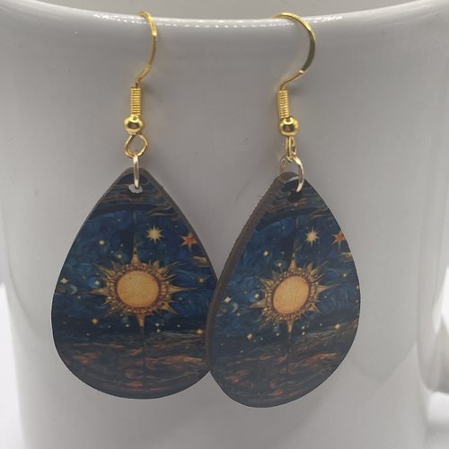 Boucles d’oreilles en bois soleil mystique