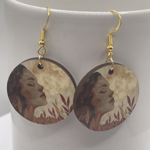 Boucles d’oreilles en bois rondes visage
