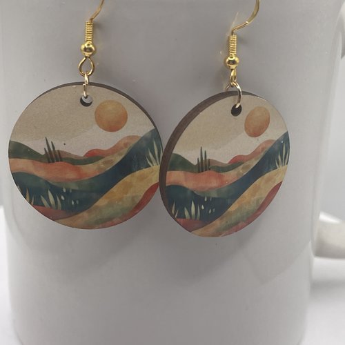 Boucles d’oreilles en bois rondes paysage