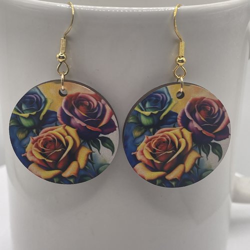 Boucles d’oreilles en bois rondes roses multicolores