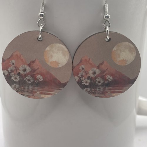 Boucles d’oreilles en bois rondes paysage japonais