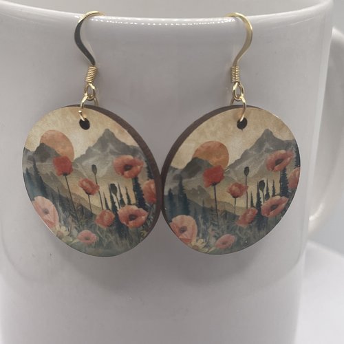 Boucles d’oreilles en bois rondes coquelicots