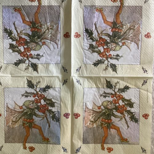 Serviette en papier elfe rouge et houx