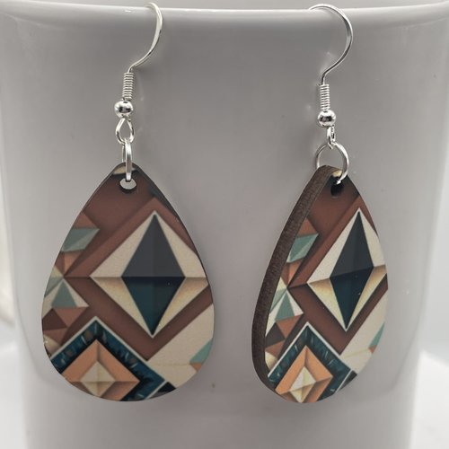 Boucles d’oreilles en bois gouttes pendantes géométrie bohème ton marron