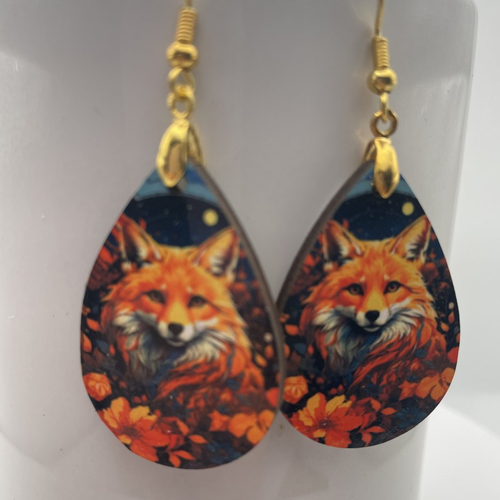 Boucles d’oreilles en bois gouttes pendantes fleurs , renard
