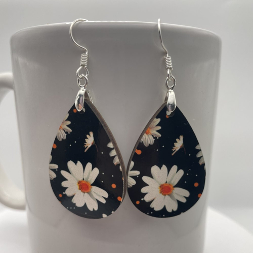 Boucles d’oreilles en bois gouttes pendantes  fleurs , marguerite